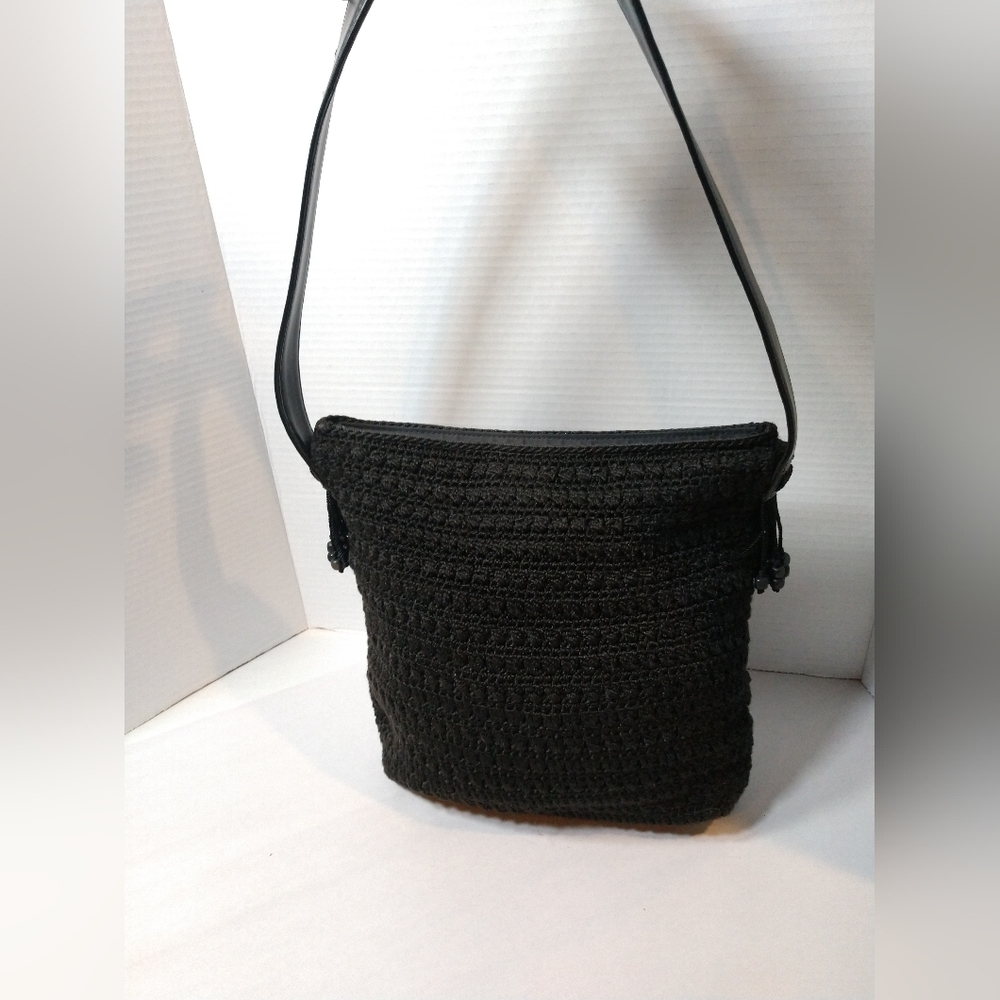 The Sak Crochet Purse Shoulder Bag Black with Short Bead Tassel